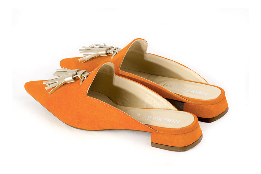 Apricot orange and gold women's loafer mules. Pointed toe. Flat flare heels. Rear view - Florence KOOIJMAN